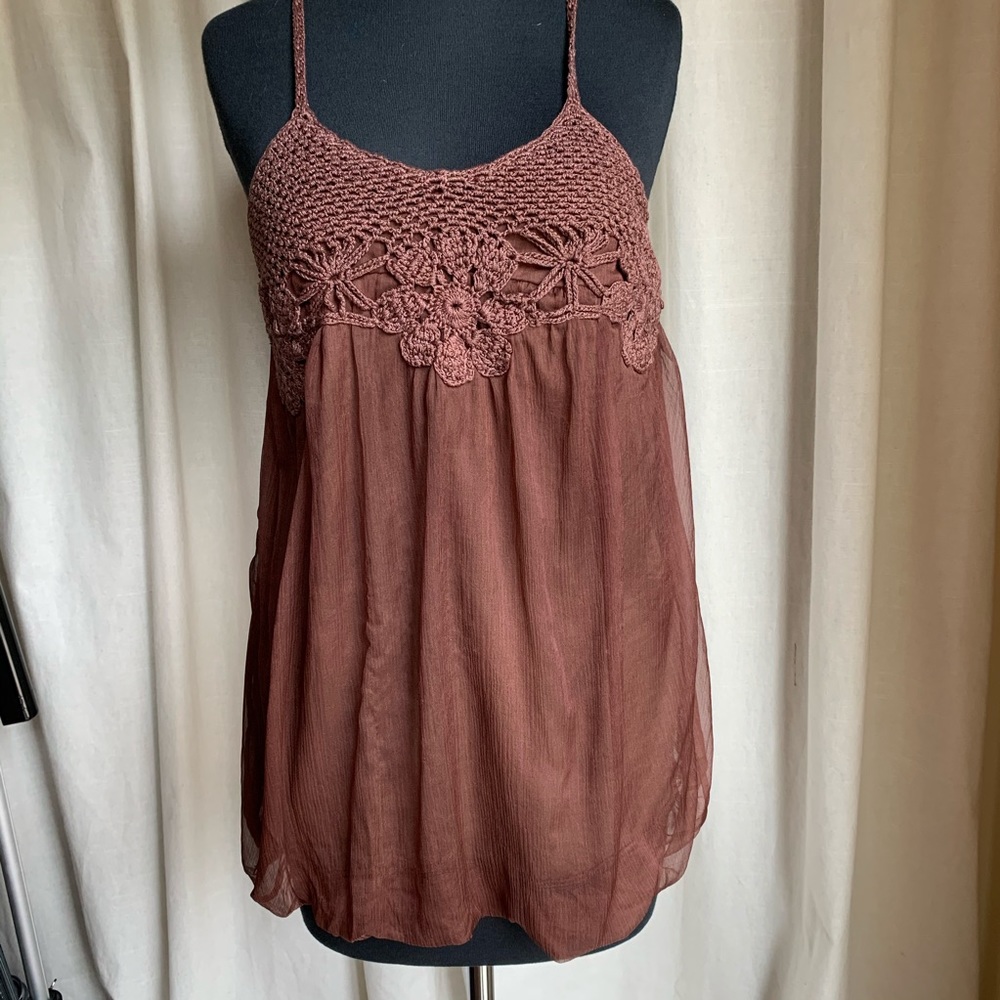 SELE brown silk/crochet halter top M